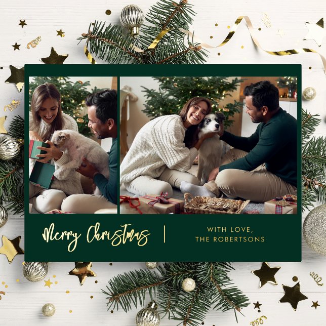 Merry Christmas Modern Script 2 Photos Gold Foil Holiday Card (Christmas Holidays Family Photos Greetings Gold Foil Card)