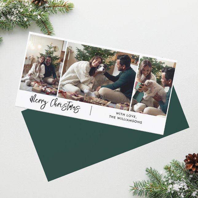 Merry Christmas Modern Script 3 Photo Collage  Holiday Card (3 Photos Christmas Holidays Script Greetings Card)