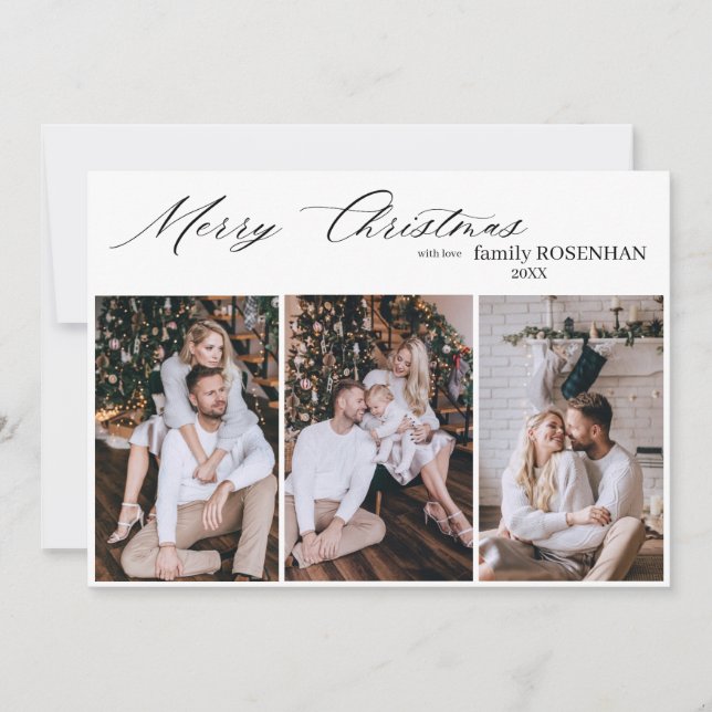 Merry Christmas Modern script 3 Photo Collage  Holiday Card (Front)