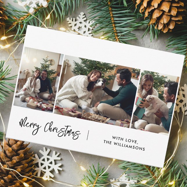 Merry Christmas Modern Script 3 Photos Holiday Card (Family Christmas Holidays 3 Photos Greetings)