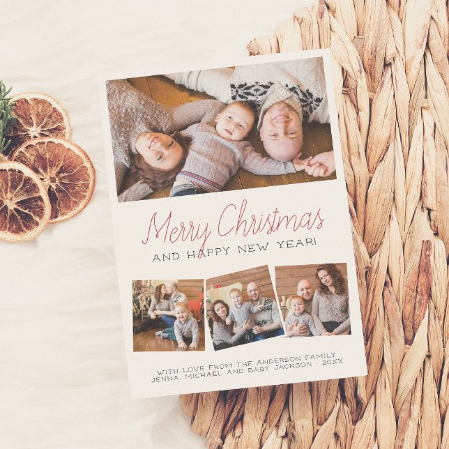 Merry Christmas | Modern Script 4 Photo Holiday Card (Creator Uploaded)