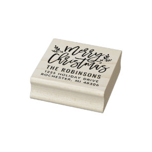 Merry Christmas   Modern Script Address Rubber Stamp
