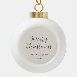 Merry Christmas Modern Script Beige Green Ceramic Ball Christmas Ornament