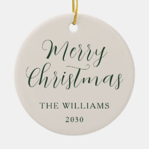 Merry Christmas Modern Script Beige Green Ceramic Ornament