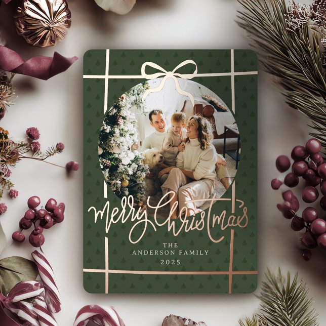 Merry Christmas Modern Script Bow Green 1 Photo Foil Holiday Card (Rose Gold Foil Merry Christmas Calligraphy  Green Tree Pattern Holiday Photo Card)