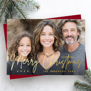 Merry Christmas modern script deep red photo Foil Holiday Card