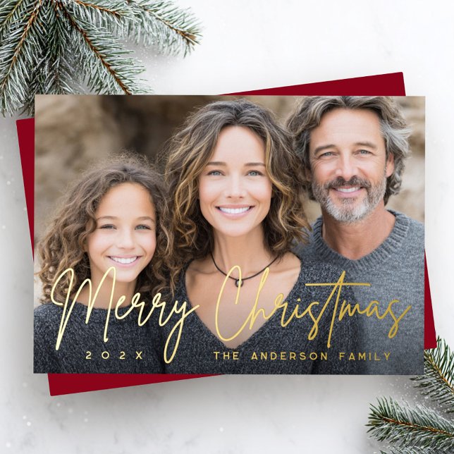 Merry Christmas modern script deep red photo Foil Holiday Card (Merry Christmas modern script deep red photo Foil Holiday Card)