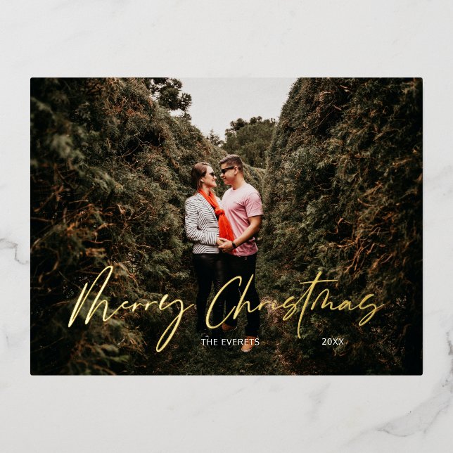 Merry Christmas Modern Script Foil Holiday Postcard (Front)