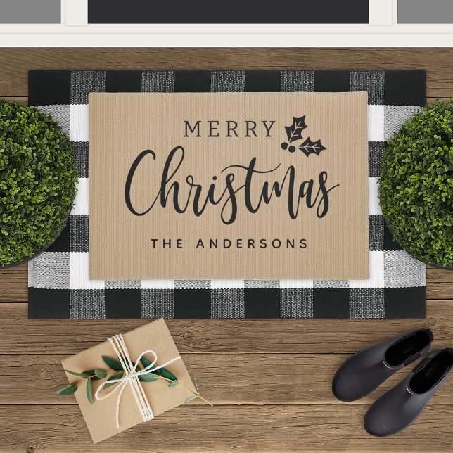 Merry Christmas Modern Script Personalised Holiday Doormat (Creator Uploaded)