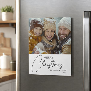 Merry Christmas Modern Script Photo Magnetic Card