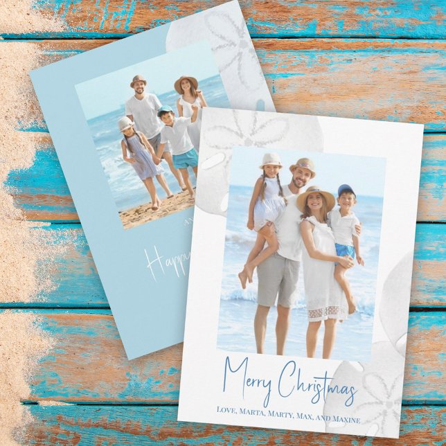 Merry Christmas Modern Simple Blue Sand Dollar  Ho Holiday Card (Christmas Holiday Tropical Blue Beach Photo Card with a two-photo template.)