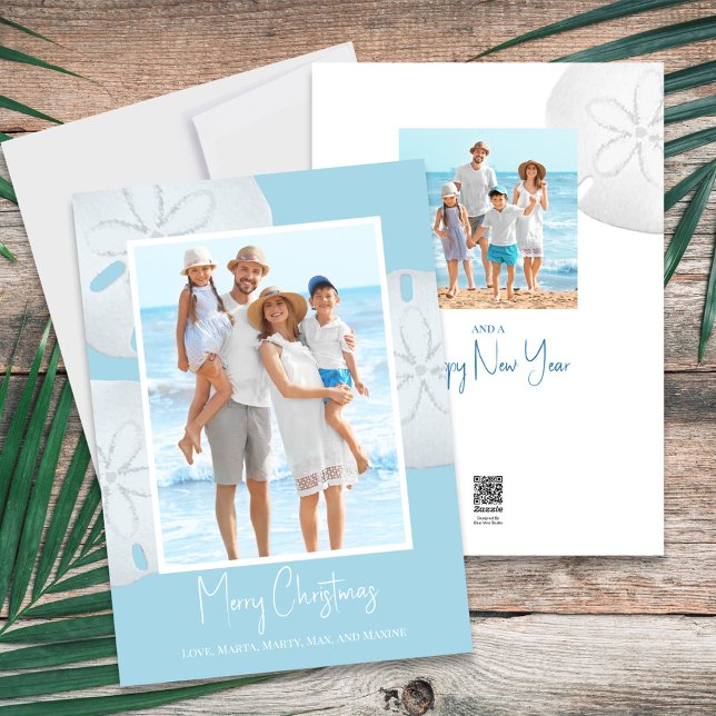 Merry Christmas Modern Simple Blue Sand Dollar Holiday Card (Christmas Holiday Tropical Blue Beach Photo Card with a two-photo template.)