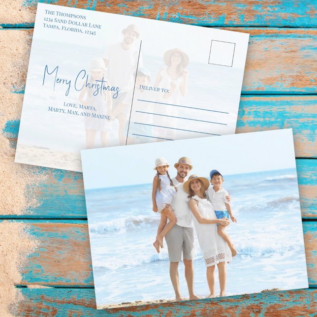 Merry Christmas Modern Simple Blue Sand Dollar Holiday Postcard (Holiday Christmas Noel Sand Dollar Beach Typography Postcard.)