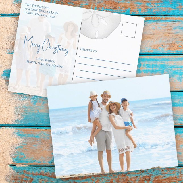 Merry Christmas Modern Simple Blue Sand Dollar Holiday Postcard (Holiday Christmas Sand Dollar Beach Typography Postcard.)