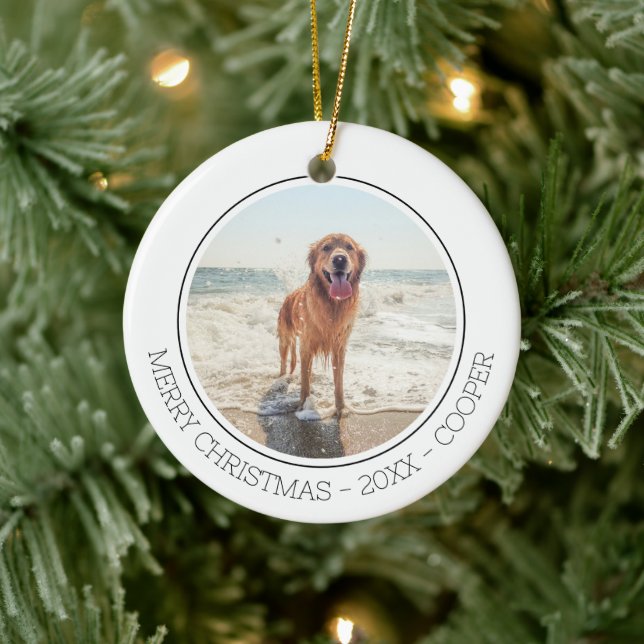 Merry Christmas Modern Simple Cute Dog Pet Photo Ceramic Ornament (Tree)