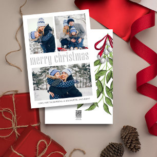 Merry Christmas Modern Simple Mistletoe 3 photo Holiday Card