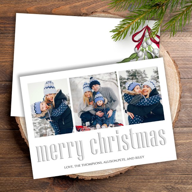 Merry Christmas Modern Simple Mistletoe 3 Photo Holiday Card (Simple Merry Christmas holiday card with a three photo layout. )