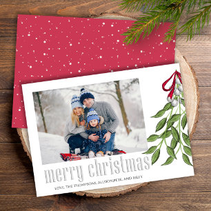 Merry Christmas Modern Simple Mistletoe One Photo Holiday Card