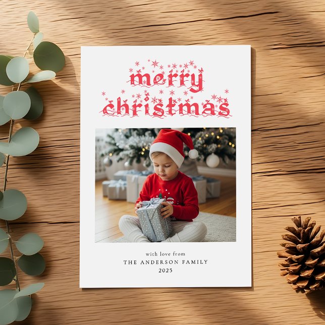 Merry Christmas Modern Snowy Script Photo Holiday Card (Creator Uploaded)