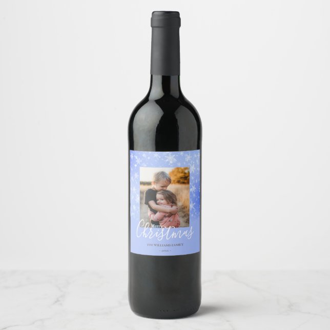 Merry Christmas Modern Snowy Winter Blue Photo Wine Label (Front)