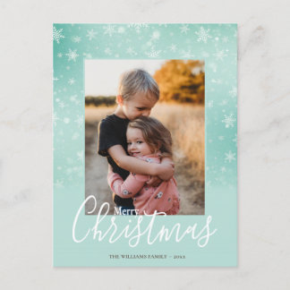 Merry Christmas Modern Snowy Winter Green Photo Holiday Postcard