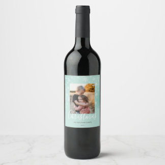 Merry Christmas Modern Snowy Winter Green Photo Wine Label