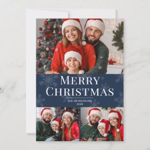 Merry Christmas Modern Text Blue Family 3 Photo Holiday Card
