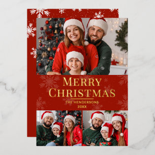 Merry Christmas Modern Text Red Family 3 Photo Foil Holiday Card