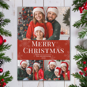 Merry Christmas Modern Text Red Family 3 Photo Holiday Card