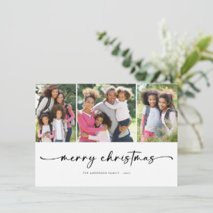 Merry Christmas   Modern Three Photo  Holiday Card