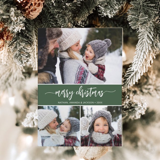 Merry Christmas Modern Three Photos Holiday Card (Creator Uploaded)