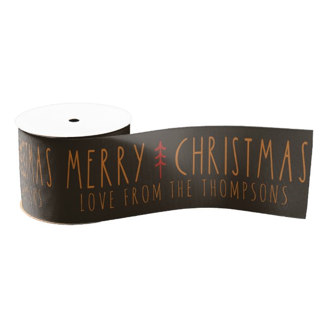 Merry Christmas Modern Tree Personalised Name Grosgrain Ribbon (Spool)