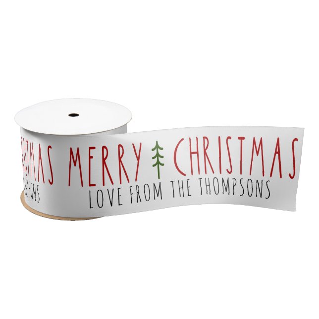 Merry Christmas Modern Tree Personalised Name Satin Ribbon (Spool)