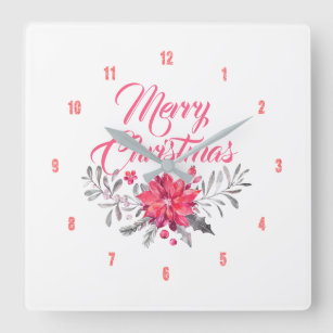 Merry Christmas Modern Typography Flowers Bouquet Square Wall Clock