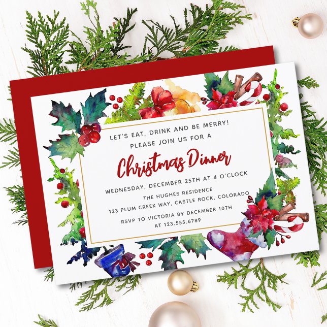 Merry Christmas Modern Watercolor Christmas Dinner Invitation (Creator Uploaded)