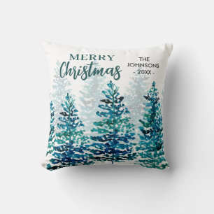 Merry Christmas Modern Watercolor Forest Trees Cushion