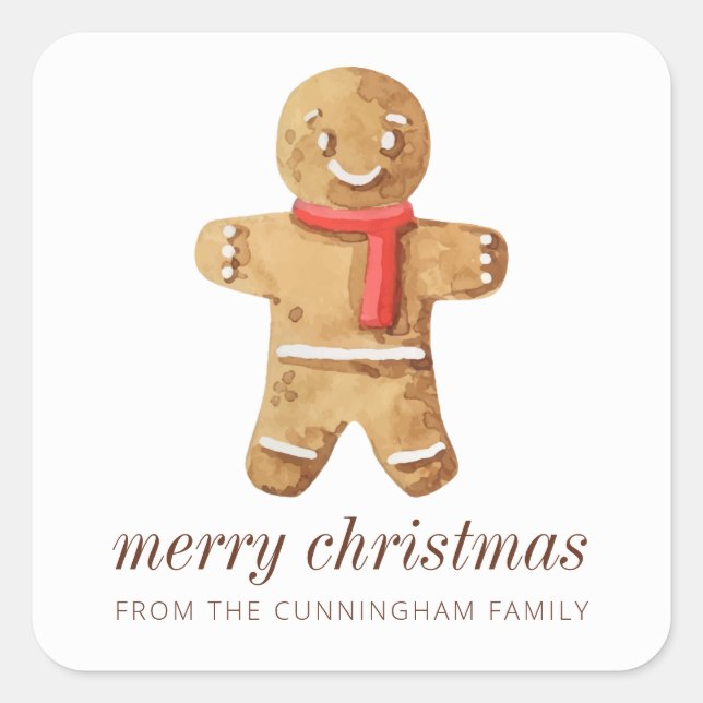 Merry Christmas Modern Watercolor Gingerbread Man Square Sticker (Front)