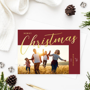 Merry Christmas Modern Wine Gold Script Photo Foil Holiday Card