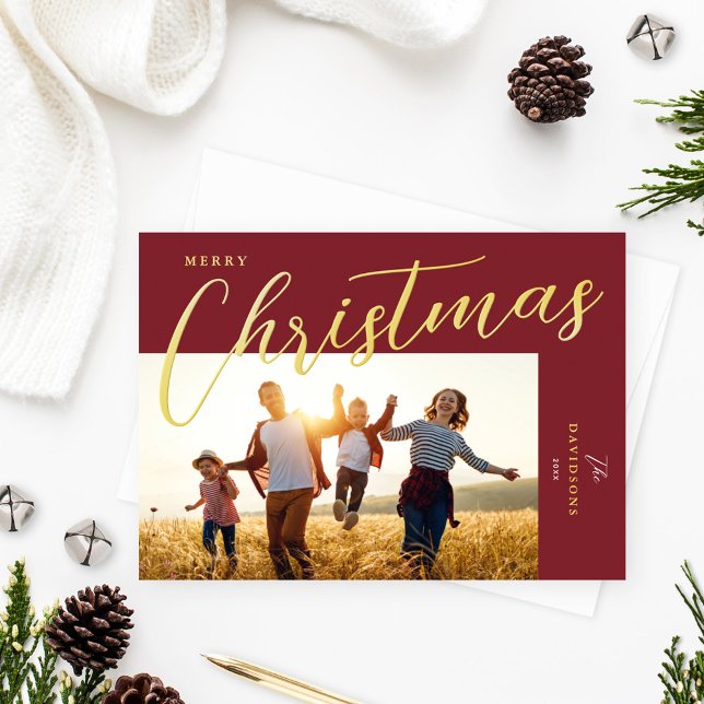 Merry Christmas Modern Wine Gold Script Photo Foil Holiday Card (Creator Uploaded)