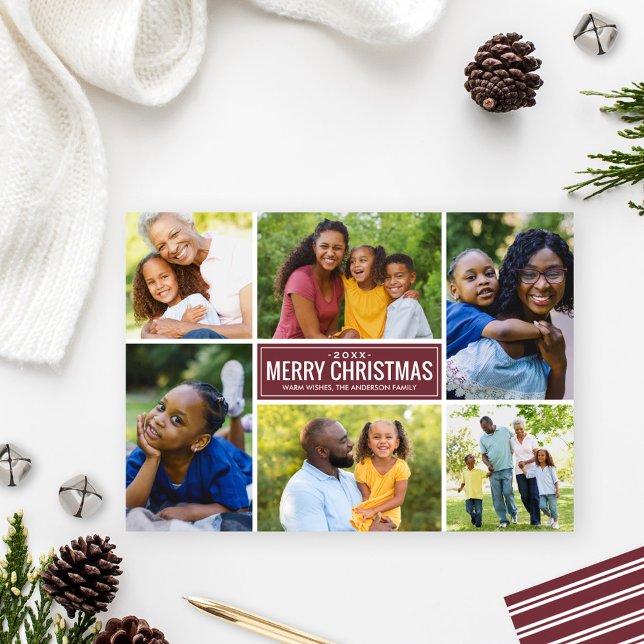 Merry Christmas Modern Wine Red Photo Collage Holiday Card (Creator Uploaded)