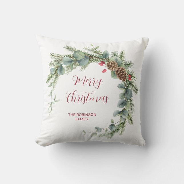 Merry Christmas Modern Wreath and Script  Cushion (Front)