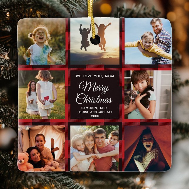 Merry Christmas Mom Red Plaid Family Photo Collage Ceramic Ornament (Creator Uploaded)