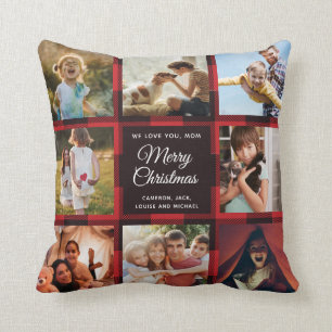 Merry Christmas Mom Red Plaid Family Photo Collage Cushion