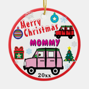 Merry Christmas Mommy Pink Car Kids PHOTO Ceramic Ornament