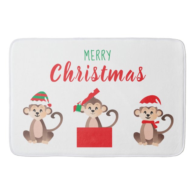 Merry Christmas Monkey Christmas Hat Red Green Bath Mat (Front)