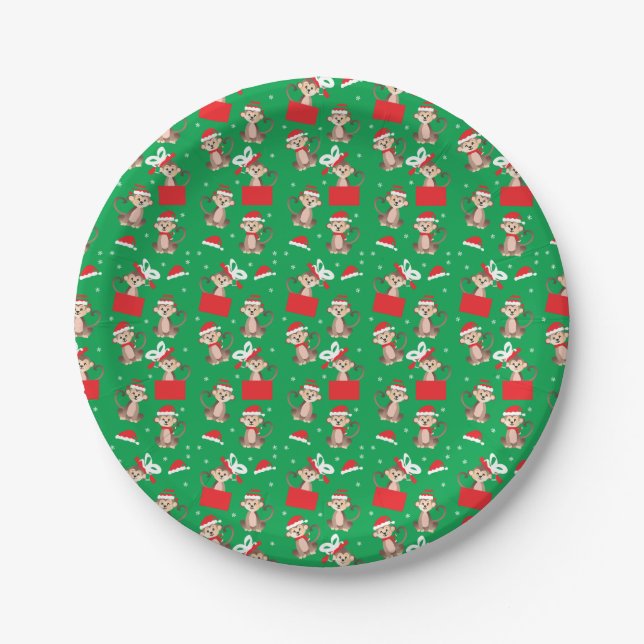 Merry Christmas Monkey Pattern Santa Hat Paper Plate (Front)