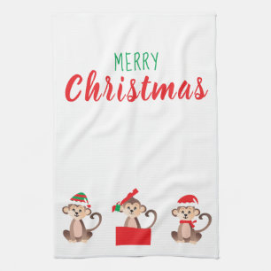 Merry Christmas Monkey Santa Hat Tea Towel