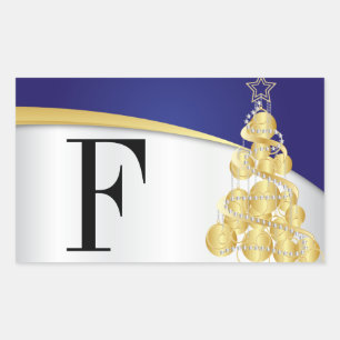 Merry Christmas Monogram Bright Blue and Gold Rectangular Sticker