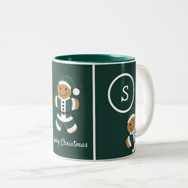 Merry Christmas Monogram Gingerbread Santa Green Two-Tone Coffee Mug (Front Right)