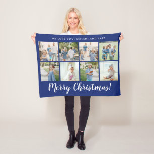 Merry Christmas Monogram Photo Collage   Navy Fleece Blanket